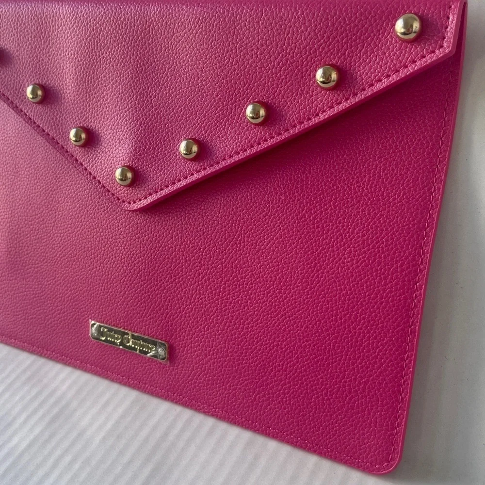 Juicy Couture Envelope Clutch Bag Bright Barbie Pink Gold Studs NWOT